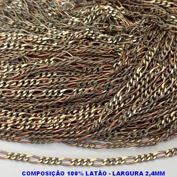 CORRENTE NO BRUTO PRONTO PARA O BANHO - CORRENTE MODELO 3X1 -(3164D) - LARGURA 2,4MM - PESO POR METRO 5,9GR - COMPOSIÇÃO: 100% LATÃO (VENDIDA POR METRO) - BRU3164D