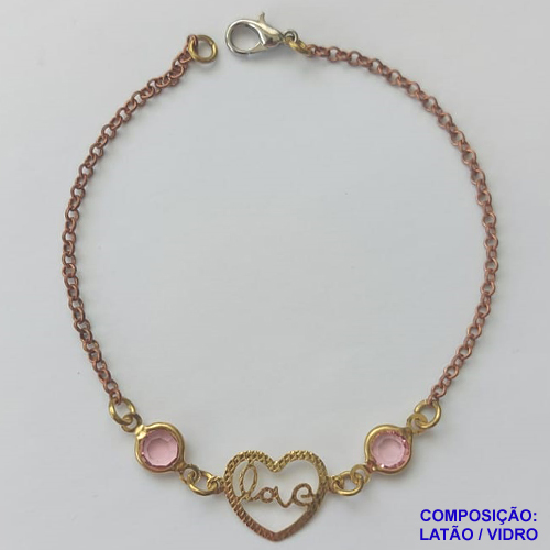 PULSEIRA NO BRUTO PRONTO PARA O BANHO - PULSEIRA COM PINGENTE CORAÇÃO VAZADO COM PALAVRA LOVE  - TAMANHO: 18CM COM FECHO LAGOSTA - PESO 2,2GR - BRU9538