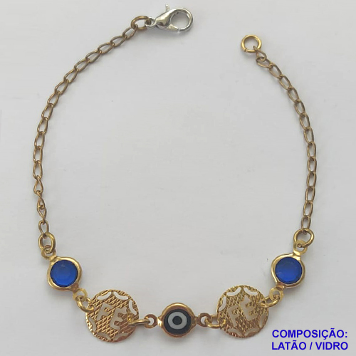 PULSEIRA NO BRUTO PRONTO PARA O BANHO(CX86) - PULSEIRA COM PINGENTES COM PALAVRA FÉ VAZADAS E VIDROS AZUIS - TAMANHO: 18CM COM FECHO LAGOSTA - PESO 2GR - BRU9541