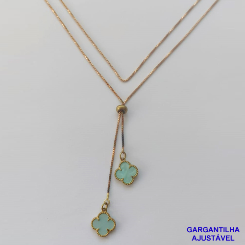 GARGANTILHA NO BRUTO PRONTO PARA O BANHO - COM CORRENTE VENEZIANA DE 70CM -" TIPO GRAVATINHA " AJUSTÁVEL - COM DOIS PINGENTES TIPO VAN CLEEF EM MADRE PÉROLA AZULADA - PESO TOTAL 3,3GR - BRU9547