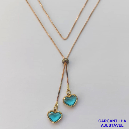 GARGANTILHA NO BRUTO PRONTO PARA O BANHO - COM CORRENTE VENEZIANA DE 70CM -" TIPO GRAVATINHA " AJUSTÁVEL - COM DOIS PINGENTES TIPO VAN CLEEF EM VIDRO AZUL - PESO TOTAL 3,8GR - BRU9548