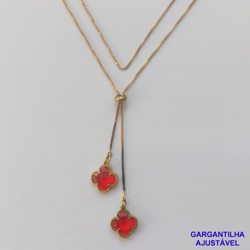 GARGANTILHA NO BRUTO PRONTO PARA O BANHO - COM CORRENTE VENEZIANA DE 70CM -" TIPO GRAVATINHA " AJUSTÁVEL - COM DOIS PINGENTES TIPO VAN CLEEF EM VIDRO VERMELHO - PESO TOTAL 3,8GR - BRU9549