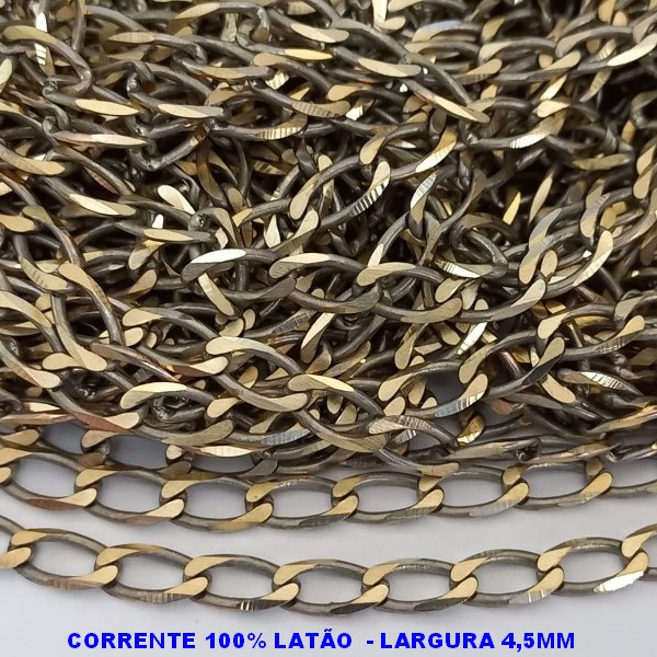 CORRENTE NO BRUTO PRONTO PARA O BANHO - CORRENTE ELLO BATIDO DIAMANTADA (M-118) - LARGURA 4,5MM - PESO POR METRO 16.2GR - COMPOSIÇÃO: 100% LATÃO (VENDIDA POR METRO) - BRU000M118
