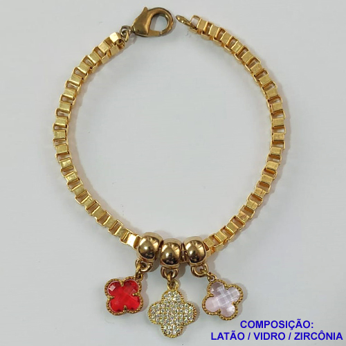 PULSEIRA NO BRUTO PRONTA PARA O BANHO - PULSEIRA EM LATÃO COM PINGENTES TIPO VAN CLEEF - COMPRIMENTO: 17CM - ESPESSURA 4MM - FECHO LAGOSTA - PESO 12,1GR - COMPOSIÇÃO: LATÃO / VIDRO / ZIRCÔNIA- BRU9569