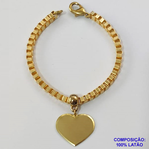 PULSEIRA NO BRUTO PRONTA PARA O BANHO - PULSEIRA EM LATÃO COM PINGENTE CORAÇÃO 22MM - COMPRIMENTO: 17CM - ESPESSURA 4MM - FECHO LAGOSTA - PESO 11,4GR - COMPOSIÇÃO: 100% LATÃO - BRU9570
