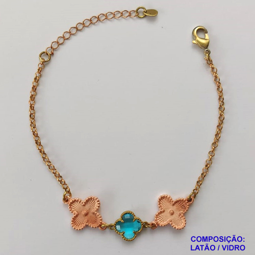 PULSEIRA NO BRUTO PRONTA PARA O BANHO - PULSEIRA TIPO VAN CLEEF COM 3 PINGENTES - COMPRIMENTO: 17CM - FECHO LAGOSTA + EXTENSOR - PESO 5,1GR - COMPOSIÇÃO: LATÃO / VIDRO - BRU9572