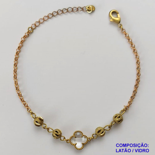 PULSEIRA NO BRUTO PRONTA PARA O BANHO - PULSEIRA TIPO VAN CLEEF COM BOLINHAS VAZADAS - COMPRIMENTO: 17CM - FECHO LAGOSTA + EXTENSOR - PESO 3,1GR - COMPOSIÇÃO: LATÃO / VIDRO - BRU9574