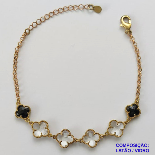 PULSEIRA NO BRUTO PRONTA PARA O BANHO - PULSEIRA TIPO VAN CLEEF COM 6 PINGENTES - COMPRIMENTO: 17CM - FECHO LAGOSTA + EXTENSOR - PESO 5,5GR - COMPOSIÇÃO: LATÃO / VIDRO - BRU9575