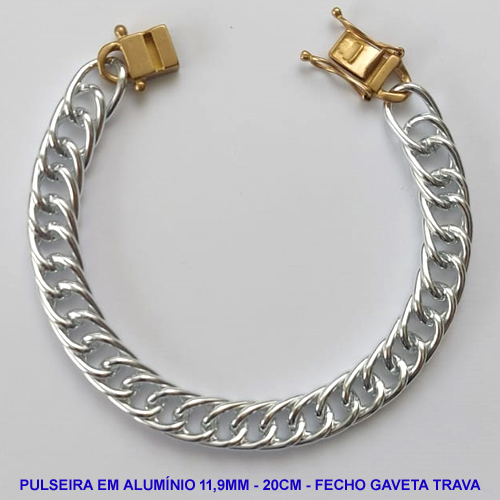 PULSEIRA NO BRUTO PRONTO PARA O BANHO - PULSEIRA EM ALUMÍNIO - COMPRIMENTO: 20CM - LARGURA 11,9MM - FECHO GATEVA COM TRAVA DUPLA - PESO 11,7GR - COMPOSIÇÃO: ALUMÍNIO - BRU9578