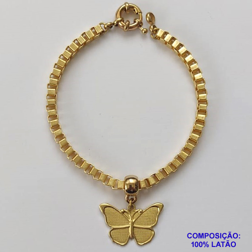 PULSEIRA NO BRUTO PRONTA PARA O BANHO - PULSEIRA EM LATÃO COM PINGENTE BORBOLETA 25MM - COMPRIMENTO: 17CM - ESPESSURA 4MM - FECHO BÓIA - PESO 10,9GR - COMPOSIÇÃO: 100% LATÃO - BRU9580