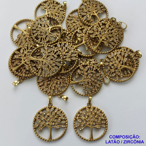 PINGENTE NO BRUTO PRONTO PARA O BANHO (CX28) - PINGENTE ÁRVORE DA VIDA CRAVEJADO COM MICRO ZIRCONIAS - COMPOSIÇÃO: LATÃO / ZIRCONIA - TAMANHO 25MM -  PESO TOTAL 3,7GR - BRU0001512