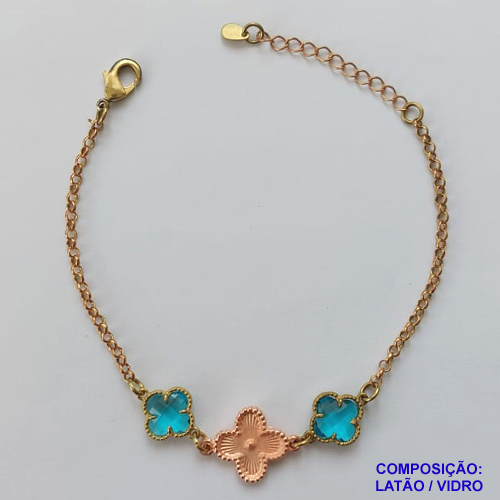 PULSEIRA NO BRUTO PRONTA PARA O BANHO - PULSEIRA TIPO VAN CLEEF COM 3 PINGENTES - COMPRIMENTO: 17CM - FECHO LAGOSTA + EXTENSOR - PESO 4,7GR - COMPOSIÇÃO: LATÃO / VIDRO - BRU9593