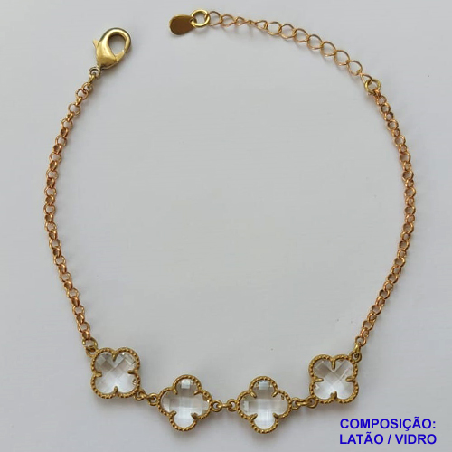 PULSEIRA NO BRUTO PRONTA PARA O BANHO - PULSEIRA TIPO VAN CLEEF COM 4 PINGENTES EM VIDRO - COMPRIMENTO: 17CM - FECHO LAGOSTA + EXTENSOR - PESO 4,4GR - COMPOSIÇÃO: LATÃO / VIDRO - BRU9597