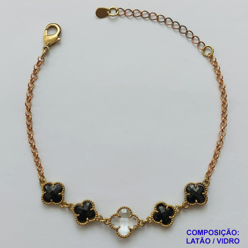 PULSEIRA NO BRUTO PRONTA PARA O BANHO - PULSEIRA TIPO VAN CLEEF COM 5 PINGENTES EM VIDRO - COMPRIMENTO: 17CM - FECHO LAGOSTA + EXTENSOR - PESO 4,5GR - COMPOSIÇÃO: LATÃO / VIDRO - BRU9598