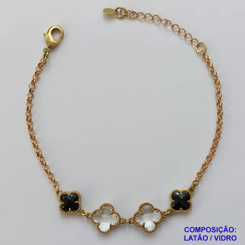 PULSEIRA NO BRUTO PRONTA PARA O BANHO - PULSEIRA TIPO VAN CLEEF COM 4 PINGENTES EM VIDRO - COMPRIMENTO: 17CM - FECHO LAGOSTA + EXTENSOR - PESO 4,3GR - COMPOSIÇÃO: LATÃO / VIDRO - BRU9599