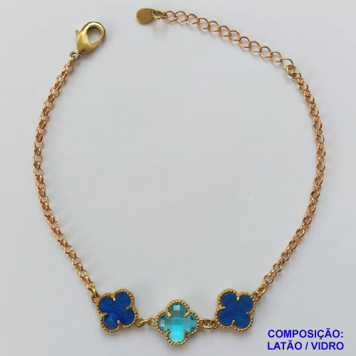 PULSEIRA NO BRUTO PRONTA PARA O BANHO - PULSEIRA TIPO VAN CLEEF COM 3 PINGENTES - COMPRIMENTO: 17CM - FECHO LAGOSTA + EXTENSOR - PESO 4,3GR - COMPOSIÇÃO: LATÃO / VIDRO - BRU9600