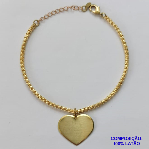 PULSEIRA NO BRUTO PRONTA PARA O BANHO - PULSEIRA EM LATÃO COM PINGENTE CORAÇÃO 22MM (4705) - COMPRIMENTO: 17CM - ESPESSURA 2,8MM - FECHO LAGOSTA - PESO 8,3GR - COMPOSIÇÃO: 100% LATÃO - BRU9612