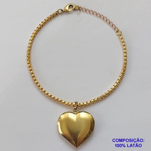 PULSEIRA NO BRUTO PRONTA PARA O BANHO - PULSEIRA EM LATÃO COM PINGENTE CORAÇÃO DUPLO 25MM (302) - COMPRIMENTO: 17CM - ESPESSURA 2,8MM - FECHO LAGOSTA - PESO 9,4GR - COMPOSIÇÃO: 100% LATÃO - BRU9613
