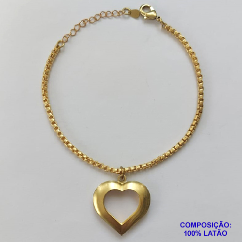 PULSEIRA NO BRUTO PRONTA PARA O BANHO - PULSEIRA EM LATÃO COM PINGENTE CORAÇÃO DUPLO VAZADO  26MM (303) - COMPRIMENTO: 17CM - ESPESSURA 2,8MM - FECHO LAGOSTA - PESO 8,4GR - COMPOSIÇÃO: 100% LATÃO - BRU9614