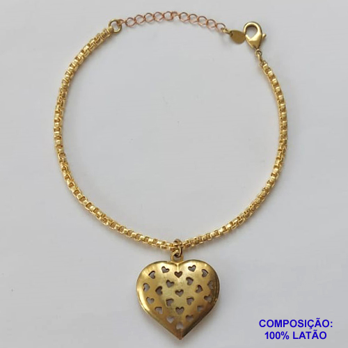 PULSEIRA NO BRUTO PRONTA PARA O BANHO - PULSEIRA EM LATÃO COM PINGENTE CORAÇÃO DUPLO COM DETALHES VAZADOS  26MM (304) - COMPRIMENTO: 17CM - ESPESSURA 2,8MM - FECHO LAGOSTA - PESO 9GR - COMPOSIÇÃO: 100% LATÃO - BRU9615