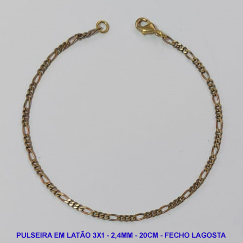 PULSEIRA NO BRUTO PRONTO PARA O BANHO - PULSEIRA EM LATÃO 3X1 (3164D) - COMPRIMENTO: 20CM - LARGURA 2,4MM - FECHO LAGOSTA - PESO 1,9GR - COMPOSIÇÃO: 100% LATÃO - BRU9619