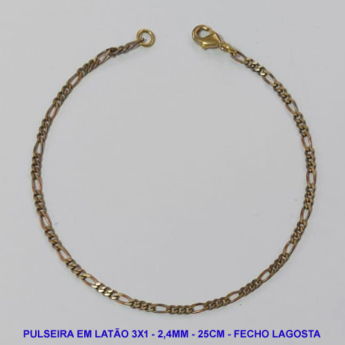 PULSEIRA NO BRUTO PRONTO PARA O BANHO - PULSEIRA EM LATÃO 3X1 (3164D) - COMPRIMENTO: 25CM - LARGURA 2,4MM - FECHO LAGOSTA - PESO 2,3GR - COMPOSIÇÃO: 100% LATÃO - BRU9620