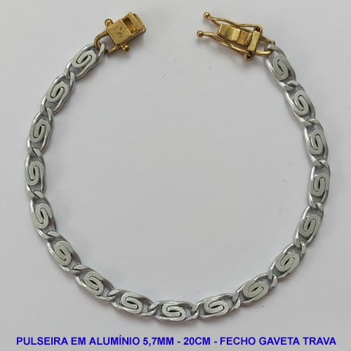 PULSEIRA NO BRUTO PRONTO PARA O BANHO - PULSEIRA EM ALUMÍNIO (A37) - COMPRIMENTO: 20CM - LARGURA 5,7MM - FECHO GAVETA COM TRAVA DUPLA - PESO 5,3GR - COMPOSIÇÃO: ALUMÍNIO - BRU9623