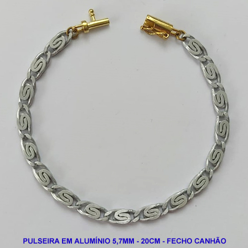 PULSEIRA NO BRUTO PRONTO PARA O BANHO - PULSEIRA EM ALUMÍNIO (A37) - COMPRIMENTO: 20CM - LARGURA 5,7MM - FECHO CANHÃO COM TRAVA - PESO 4,9GR - COMPOSIÇÃO: ALUMÍNIO - BRU9625
