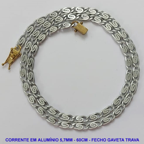 CORRENTE NO BRUTO PRONTO PARA O BANHO - CORRENTE EM ALUMÍNIO (A37) - COMPRIMENTO: 60CM - LARGURA 5,7MM - FECHO GAVETA TRAVA DUPLA - PESO 11,9GR - COMPOSIÇÃO: ALUMÍNIO - BRU9630