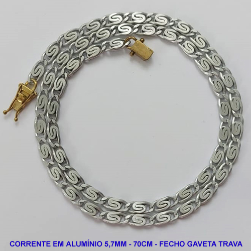CORRENTE NO BRUTO PRONTO PARA O BANHO - CORRENTE EM ALUMÍNIO (A37) - COMPRIMENTO: 70CM - LARGURA 5,7MM - FECHO GAVETA TRAVA DUPLA - PESO 13,6GR - COMPOSIÇÃO: ALUMÍNIO - BRU9631