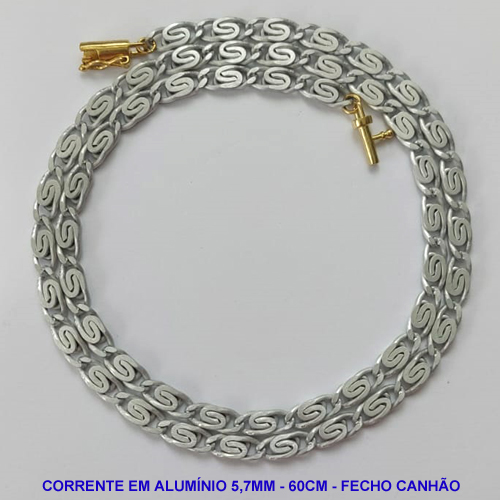 CORRENTE NO BRUTO PRONTO PARA O BANHO - CORRENTE EM ALUMÍNIO (A37) - COMPRIMENTO: 60CM - LARGURA 5,7MM - FECHO CANHÃO COM TRAVA - PESO 11,6GR - COMPOSIÇÃO: ALUMÍNIO - BRU9632