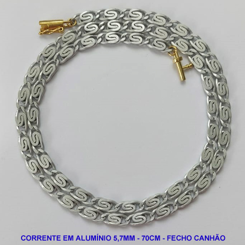 CORRENTE NO BRUTO PRONTO PARA O BANHO - CORRENTE EM ALUMÍNIO (A37) - COMPRIMENTO: 70CM - LARGURA 5,7MM - FECHO CANHÃO COM TRAVA - PESO 13,2GR - COMPOSIÇÃO: ALUMÍNIO - BRU9633
