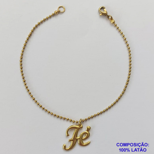 PULSEIRA NO BRUTO PRONTO PARA O BANHO - PULSEIRA COM CORRENTE BOLINHAS COM PINGENTE FÉ (3691) - COMPOSIÇÃO: 100% LATÃO - TAMANHO 18CM - PESO 1.8GR - BRU9643