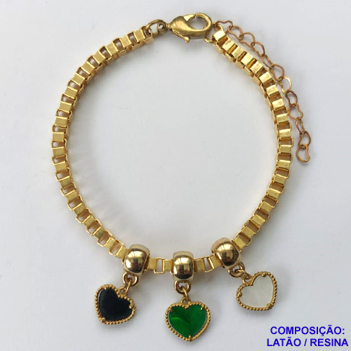 PULSEIRA NO BRUTO PRONTA PARA O BANHO - PULSEIRA EM LATÃO 4,2MM (C4.2) COM PINGENTES TIPO VAN CLEEF 11MM - COMPRIMENTO: 18CM + EXTENSOR - FECHO LAGOSTA - PESO 10,5GR - COMPOSIÇÃO: LATÃO / RESINA - BRU9644