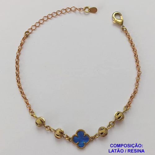 PULSEIRA NO BRUTO PRONTA PARA O BANHO - PULSEIRA TIPO VAN CLEEF COM BOLINHAS VAZADAS E PINGENTE AZUL - COMPRIMENTO: 17CM - FECHO LAGOSTA + EXTENSOR - PESO 3,4GR - COMPOSIÇÃO: LATÃO / RESINA - BRU9657