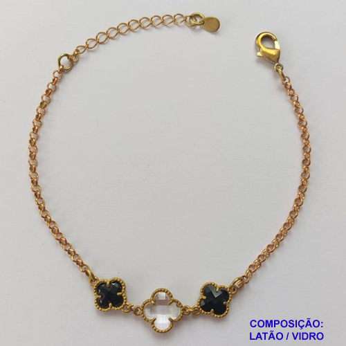 PULSEIRA NO BRUTO PRONTA PARA O BANHO - PULSEIRA TIPO VAN CLEEF COM 3 PINGENTES EM VIDRO - COMPRIMENTO: 17CM - FECHO LAGOSTA + EXTENSOR - PESO 3,8GR - COMPOSIÇÃO: LATÃO / VIDRO - BRU9658