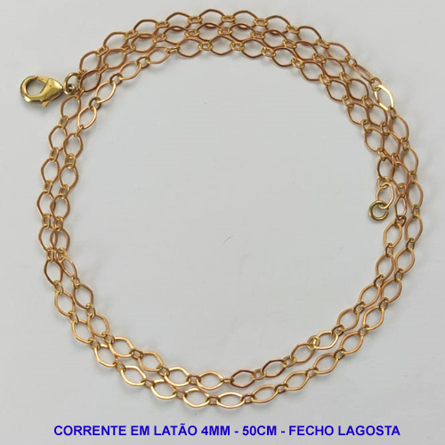 CORRENTE NO BRUTO PRONTO PARA O BANHO - CORRENTE EM LATÃO - COMPRIMENTO: 50CM - LARGURA 4MM - FECHO LAGOSTA - PESO 3,7GR - COMPOSIÇÃO: 100% LATÃO - BRU9659