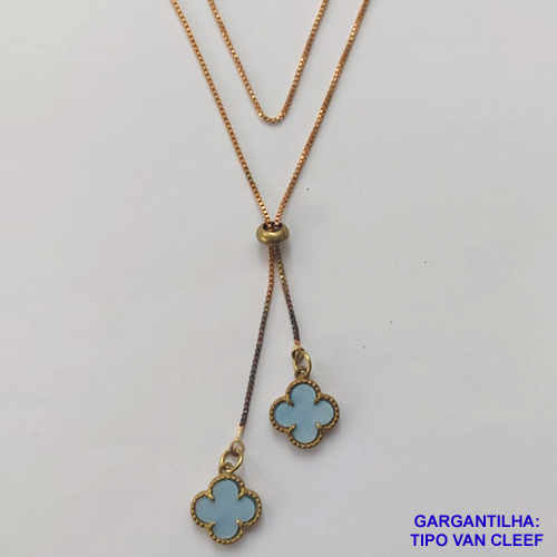 GARGANTILHA NO BRUTO PRONTO PARA O BANHO - COM CORRENTE VENEZIANA DE 70CM -" TIPO GRAVATINHA " AJUSTÁVEL - COM DOIS PINGENTES TIPO VAN CLEFF AZUIS - PESO TOTAL 3,4GR - COMPOSIÇÃO: LATÃO / RESINA- BRU9669