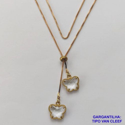 GARGANTILHA NO BRUTO PRONTO PARA O BANHO - COM CORRENTE VENEZIANA DE 70CM -" TIPO GRAVATINHA " AJUSTÁVEL - COM DOIS PINGENTES TIPO VAN CLEFF CRISTAIS - PESO TOTAL 4,1GR - COMPOSIÇÃO: LATÃO / VIDRO- BRU9670