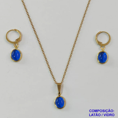 CONJUNTO NO BRUTO PRONTO PARA O BANHO  - GARGANTILHA COM CORRENTE CADEADO DE 45CM - COM PINGENTES E BRINCOS FORMATO GOTA EM VIDROS AZUL 10MM COM ARGOLA DE PRESSÃO (TRANQUETA) - PESO TOTAL: 3,5GR - COMPOSIÇÃO: LATÃO / VIDRO - BRU9676