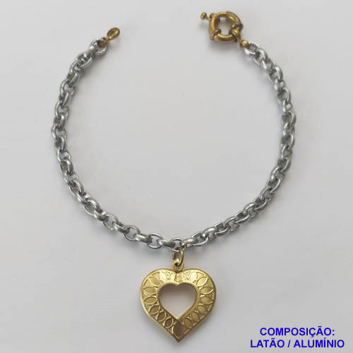 PULSEIRA NO BRUTO PRONTA PARA O BANHO - PULSEIRA EM ALUMÍNIO COM PINGENTE CORAÇÃO DUPLO VAZADO 23MM EM LATÃO (397) - COMPRIMENTO: 18CM + EXTENSOR - FECHO BÓIA EM LATÃO - PESO 6,2GR - COMPOSIÇÃO: LATÃO / ALUMÍNIO - BRU9678