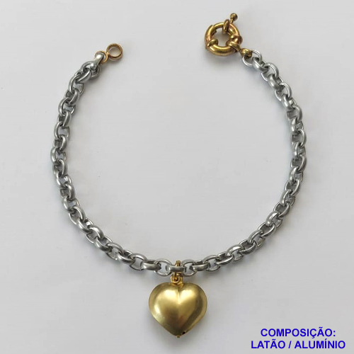 PULSEIRA NO BRUTO PRONTA PARA O BANHO - PULSEIRA EM ALUMÍNIO COM PINGENTE CORAÇÃO DUPLO 16MM EM LATÃO (806) - COMPRIMENTO: 18CM + EXTENSOR - FECHO BÓIA EM LATÃO - PESO 5,5GR - COMPOSIÇÃO: LATÃO / ALUMÍNIO - BRU9679