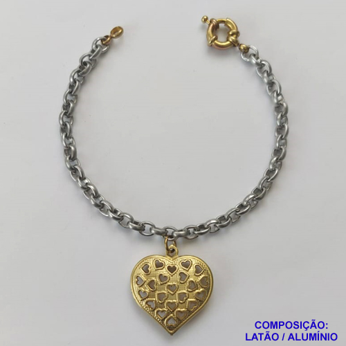 PULSEIRA NO BRUTO PRONTA PARA O BANHO - PULSEIRA EM ALUMÍNIO COM PINGENTE CORAÇÃO DUPLO VAZADO 23MM EM LATÃO (156) - COMPRIMENTO: 18CM + EXTENSOR - FECHO BÓIA EM LATÃO - PESO 6,8GR - COMPOSIÇÃO: LATÃO / ALUMÍNIO - BRU9681