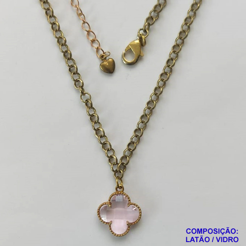 SHOCKER NO BRUTO PRONTO PARA O BANHO - CORRENTE ELO PORTUGUÊS 3,8MM - PINGENTE TIPO VAN CLEEF EM VIDRO ROSA 15MM - SHOCKER  COM CORRENTE LONGA DE 40CM + EXTENSOR - PESO TOTAL: 8,7GR - COMPOSIÇÃO: LATÃO / VIDRO BRU9693
