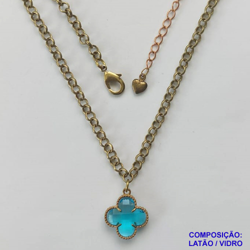 SHOCKER NO BRUTO PRONTO PARA O BANHO - CORRENTE ELO PORTUGUÊS 3,8MM - PINGENTE TIPO VAN CLEEF EM VIDRO AZUL 15MM - SHOCKER  COM CORRENTE LONGA DE 40CM + EXTENSOR - PESO TOTAL: 8,7GR - COMPOSIÇÃO: LATÃO / VIDRO BRU9695