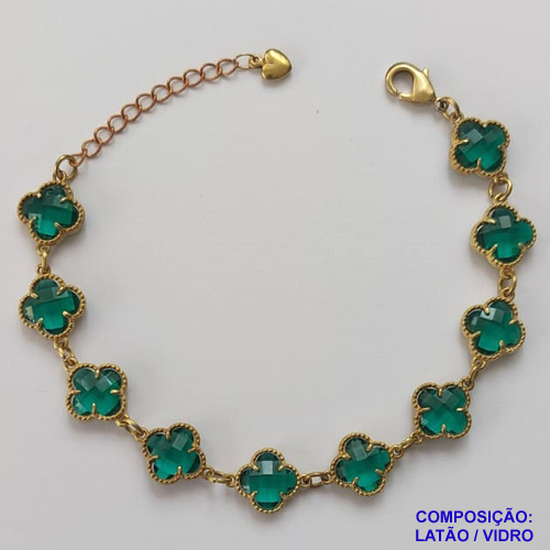 PULSEIRA NO BRUTO PRONTO PARA O BANHO - PULSEIRA COM 10 PINGENTES TIPO VAN CLEEF EM VIDRO VERDE 11MM - TAMANHO 18CM COM EXTENSOR E FECHO LAGOSTA - COMPOSIÇÃO: LATÃO / VIDRO - PESO 9GR - BRU9702