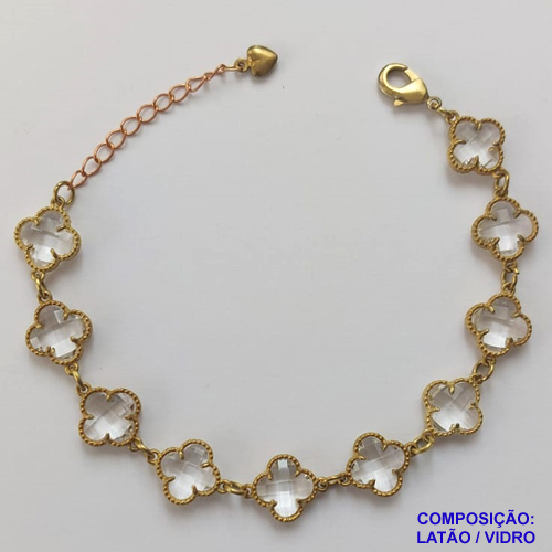 PULSEIRA NO BRUTO PRONTO PARA O BANHO - PULSEIRA COM 10 PINGENTES TIPO VAN CLEEF EM VIDRO CRISTAL 11MM - TAMANHO 18CM COM EXTENSOR E FECHO LAGOSTA - COMPOSIÇÃO: LATÃO / VIDRO - PESO 9GR - BRU9703