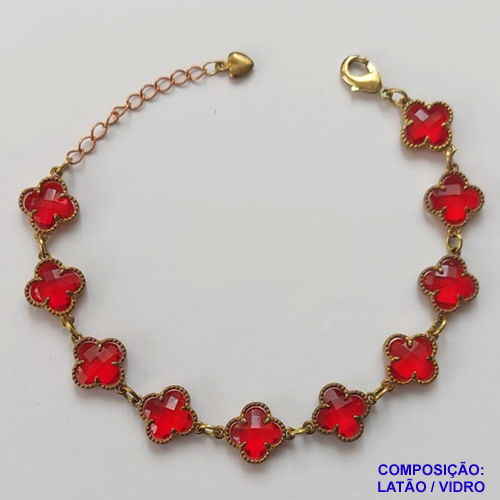 PULSEIRA NO BRUTO PRONTO PARA O BANHO - PULSEIRA COM 10 PINGENTES TIPO VAN CLEEF EM VIDRO VERMELHA 11MM - TAMANHO 18CM COM EXTENSOR E FECHO LAGOSTA - COMPOSIÇÃO: LATÃO / VIDRO - PESO 9GR - BRU9704