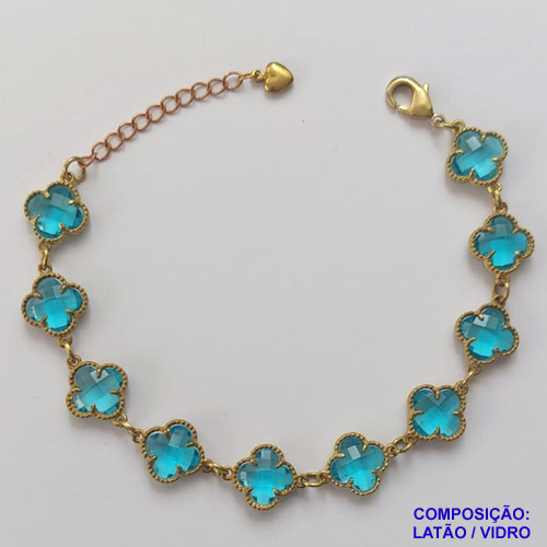 PULSEIRA NO BRUTO PRONTO PARA O BANHO - PULSEIRA COM 10 PINGENTES TIPO VAN CLEEF EM VIDRO AZUL 11MM - TAMANHO 18CM COM EXTENSOR E FECHO LAGOSTA - COMPOSIÇÃO: LATÃO / VIDRO - PESO 9GR - BRU9705