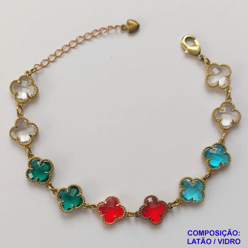 PULSEIRA NO BRUTO PRONTO PARA O BANHO - PULSEIRA COM 10 PINGENTES TIPO VAN CLEEF EM VIDRO COLORIDO 11MM - TAMANHO 18CM COM EXTENSOR E FECHO LAGOSTA - COMPOSIÇÃO: LATÃO / VIDRO - PESO 9GR - BRU9706
